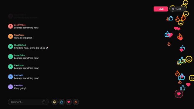 Live Streaming Social Media Interface Overlay with Chat Messages and Floating Emoji Reactions on Black Background