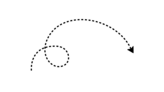 Curved dashed black arrow path with loop dynamic direction travel route flow direction route guide dotted route, process flow.