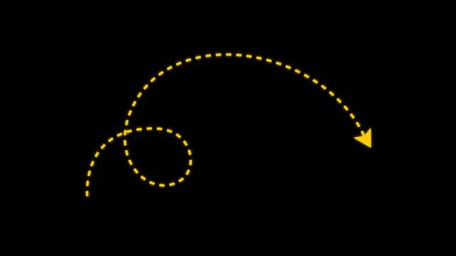 Curved dashed yellow arrow path with loop dynamic direction travel route flow direction route guide dotted route, process flow.