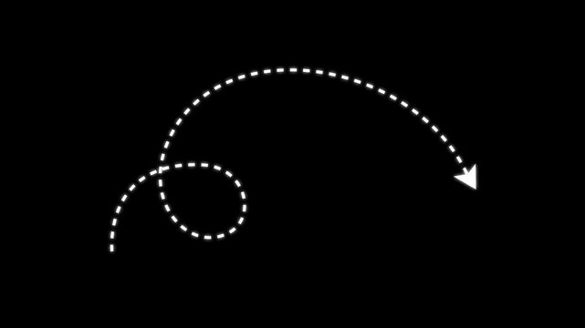 Curved dashed white arrow path with loop dynamic direction travel route flow direction route guide dotted route, process flow.