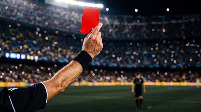 Professional soccer referee showing a red card to a player during a match in a packed stadium at night