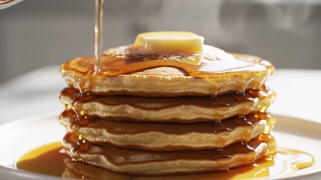 Golden brown fluffy pancakes are stacked high and generously drizzled with warm sweet maple syrup and topped with a melting square of rich dairy butter creating a delightful breakfast indulgence