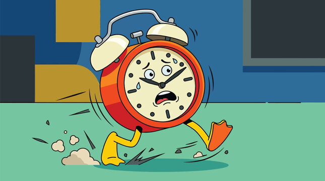 A vibrant vector illustration of a panicked orange alarm clock character with yellow legs running quickly across a flat surface.