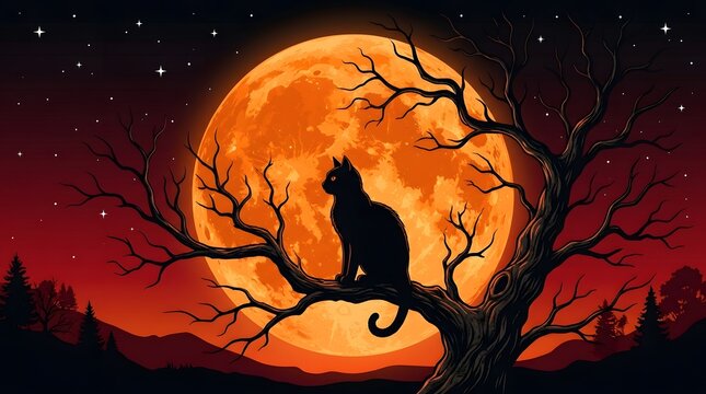 Mystical black cat under the full moon