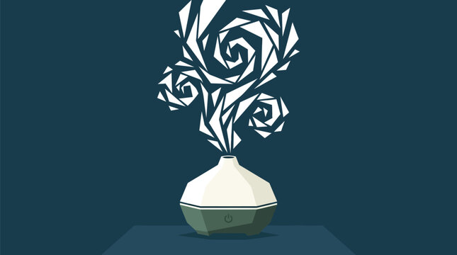 Minimalist vector illustration of an essential oil diffuser emitting artistic geometric smoke patterns against a deep textured blue background surface