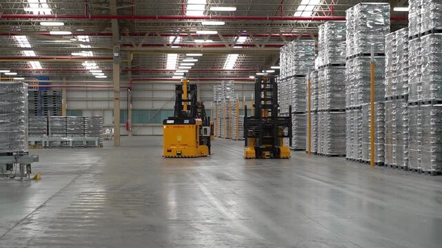 Automated guided vehicles agv operating in a large modern industrial warehouse with stacked pallets