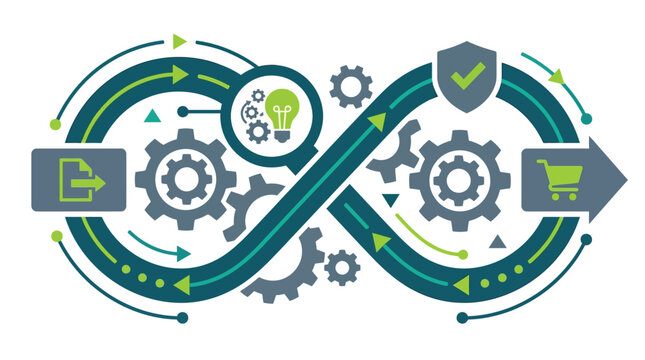 Creative vector illustration showing a continuous infinity loop concept with mechanical gear wheels and business workflow icons for modern software development