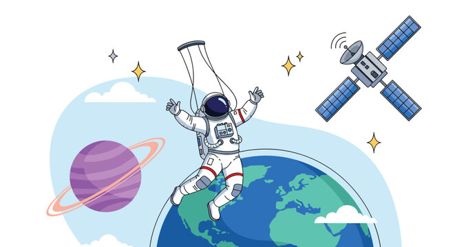 Astronaut floating in space near a large communication satellite with the planet Earth and a ringed planet in orbit.