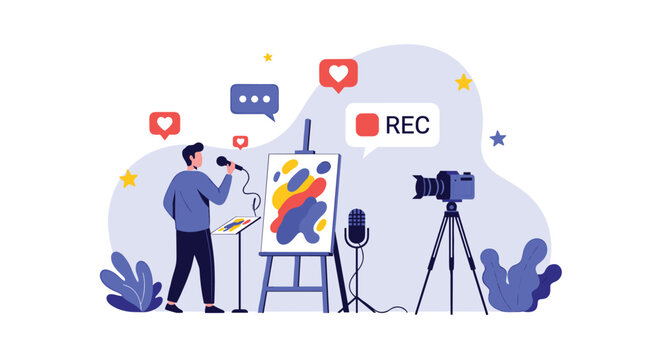 Multi talented content creator recording painting and singing session in studio for social media production.