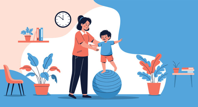 Professional therapist or parent helping a young child practice balance and coordination on a large blue exercise ball.