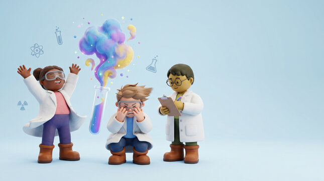 Kids in lab coats doing a science experiment with a colorful explosion, Back to School