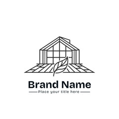 Naklejka premium Minimalist Greenhouse Logo Design with Green Leaf and Farm Land Grid for Smart Agriculture, Eco Friendly Glasshouse, Nursery, Gardening, and Sustainable Real Estate Brand Identity