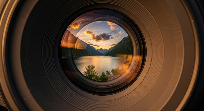 Mountain fjord lake with sunset sky reflected in camera lens