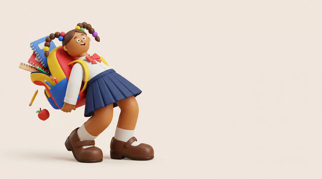 Schoolgirl with Heavy Backpack 3D Illustration, Back to School