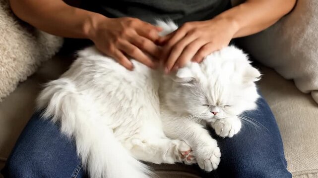 Person stroking fluffy white Persian cat sitting on lap, gentle touch, comfort