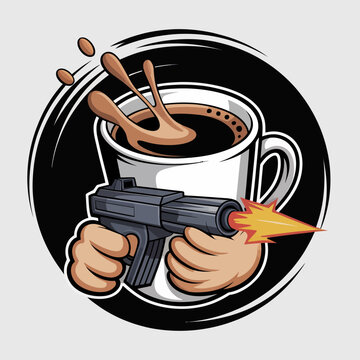 Hand holding gun shoots coffee cup.