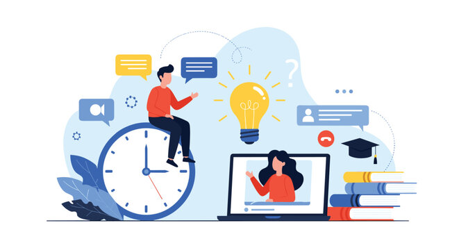 Modern online education and remote learning concept featuring a video call on a laptop, books, clock, and idea light bulb.