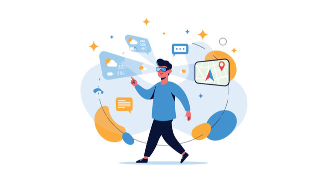 Man wearing augmented reality glasses while interacting with digital interfaces like weather reports and navigation maps.