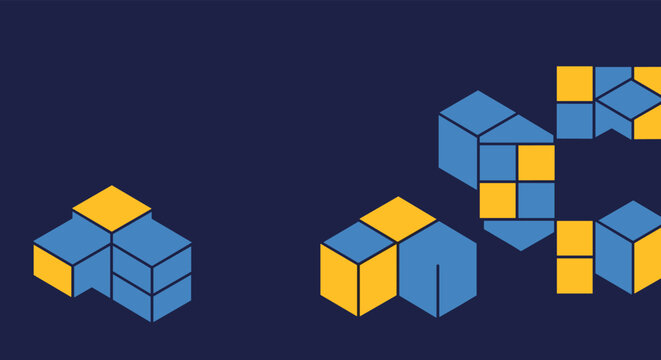 Abstract geometric background with blue and yellow three dimensional isometric cubes arranged on a dark navy blue surface.