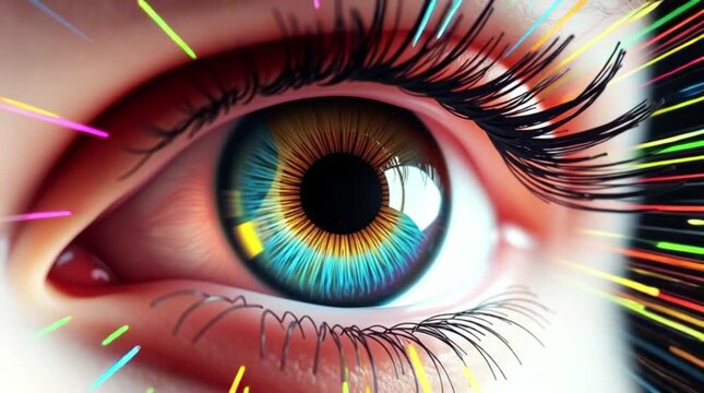 Close-up of a Colorful Eye with Radiant Patterns and Vibrant Details, Capturing the Beauty and Intricacy of Human Vision in Stunning Clarity