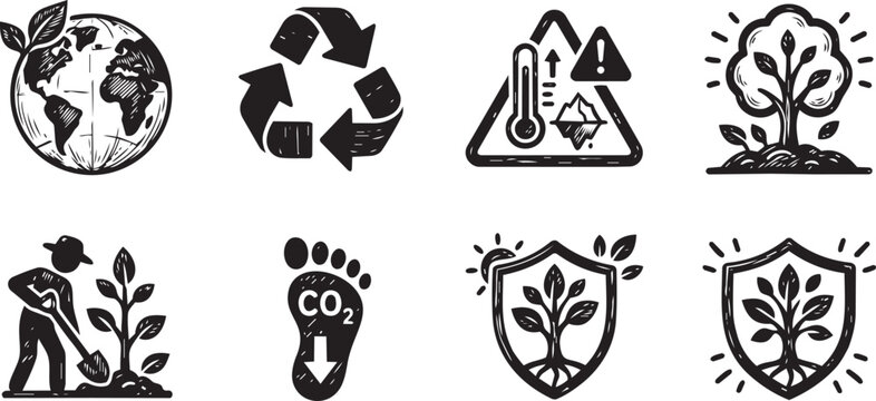 Ecology Environment Protection and Climate Change Icons Set.