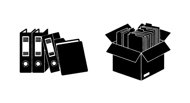 Minimal black silhouette icon, simple flat vector, bold black shape, no, no shading set of office binders and a cardboard box filled with hanging file folders on a, flat icon style