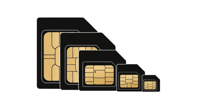 Minimal black silhouette icon, simple flat vector, bold black shape, no, no shading set of different sizes of sim cards for mobile phones on a, flat icon style