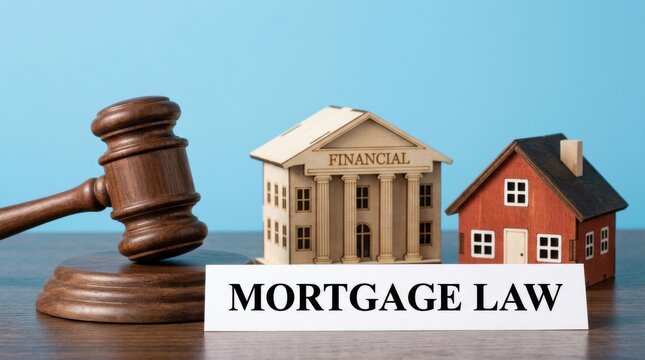 Mortgage law concept with judge gavel and house model, financial building and real estate legislation, property auction and foreclosure legal services