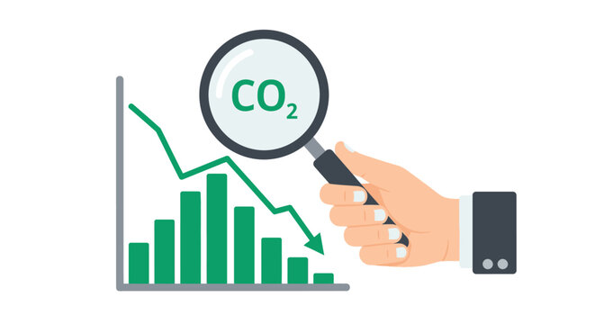 Carbon Footprint Reduction Concept: Magnifying Glass Focusing on CO2 with Declining Green Bar Chart and Line Graph for Sustainability Analysis
