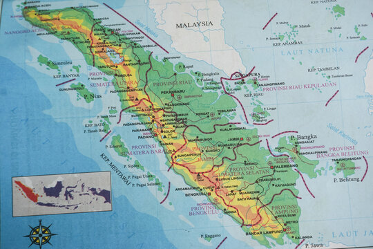 close up of map of Sumatra, Indonesia