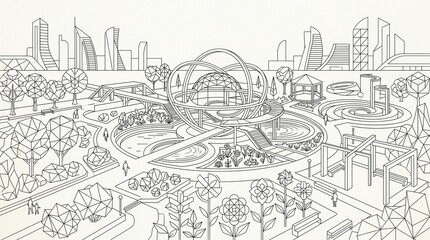 Naklejka premium Futuristic cityscape, urban planning illustration, black and white line art, city skyline, modern architecture