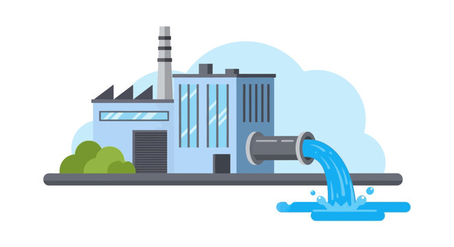 Industrial Factory Drainage Pipe Pouring Wastewater, Environmental Water Pollution Concept Vector Illustration