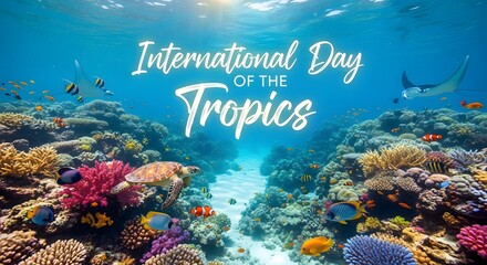 International day of the tropics with vibrant coral reef and marine life