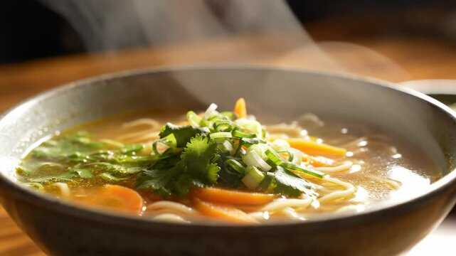 A steaming bowl of fragrant udon noodle soup, brimming with tender sliced carrots and fresh green scallions, offers a comforting and aromatic culinary delight perfect for a chilly evening meal