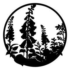 Digitalis Foxglove Silhouette, Woodland Botanical Garden Scene, Elegant Floral Nature Circle Design, Vector Art Illustration © SUMON