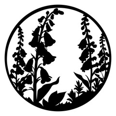 Digitalis Flower Silhouette Vector, Woodland Botanical Art, Bell-Shaped Bloom Design, Nature Silhouette, Garden Plant Illustration, Circular Floral Emblem © SUMON
