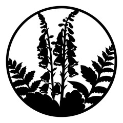 Black Silhouette Foxglove Flowers and Ferns, Woodland Botanical Vector Art, Nature Garden Emblem Design, Wildflower Meadow Circle Graphic © SUMON