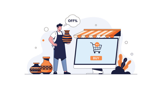Online shop concept with a male potter holding a ceramic vase standing next to a computer monitor showing a creative e-commerce interface.