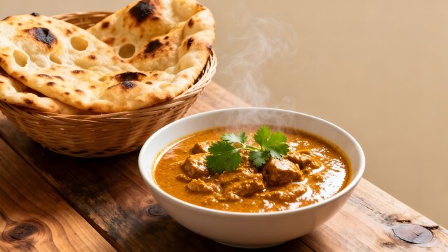 Steaming curry with naan bread