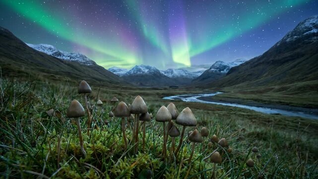 Liberty caps magic mushrooms under aurora borealis mountain valley stream