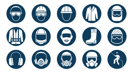Fototapeta premium Classic Work Site Mandatory Safety Equipment Required Warning Alert Attention Danger Sign Blue Circle Symbol Vector Set Transparent Background Icons