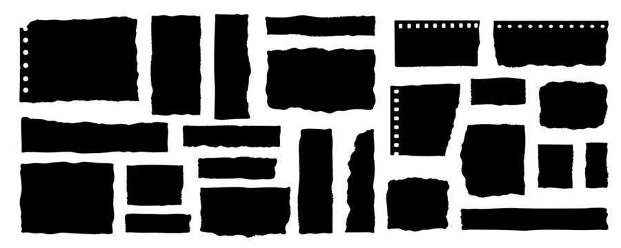 set of torn paper shapes, rough ripped strips and rectangles, jagged grunge edges, collage scrap pieces and banners, black silhouette vector elements for label, sticker, background, template design