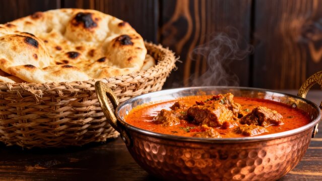 Steaming curry with naan bread