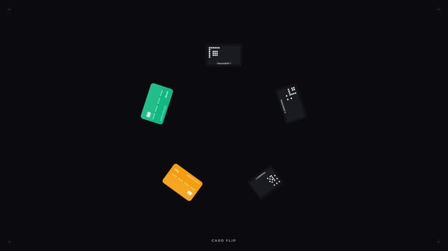 Animated credit cards rotating in a circle on black background