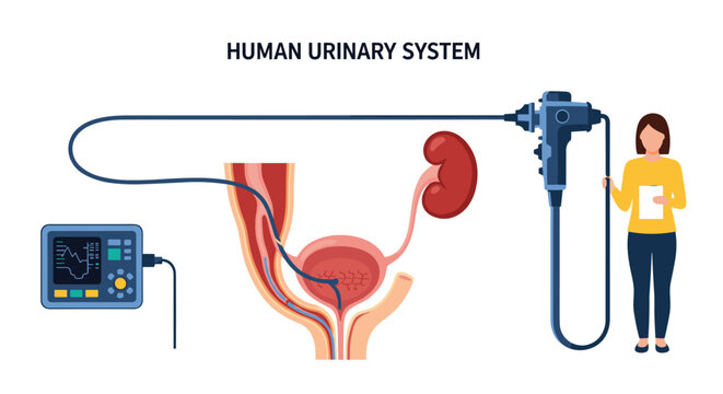 Diagram of human urinary system being examined with endoscopic equipment for diagnostic medical procedure and patient care.