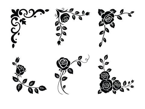 Six decorative floral corner with roses and flourishes for projects flower leaves