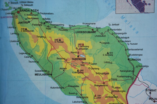 close up of map of North Sumatra 'Banda Aceh' Indonesia