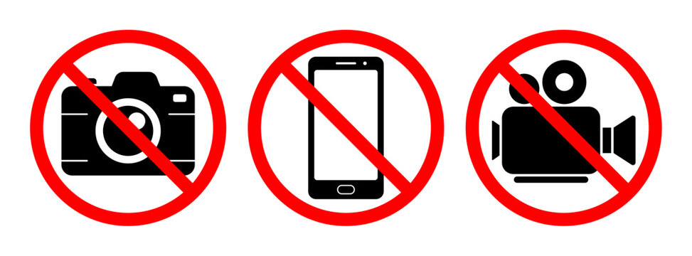 No camera, photo and video recording prohibition sign set, Photography and videography restricted symbols for workplace, security and public facilities, Vector illustration.