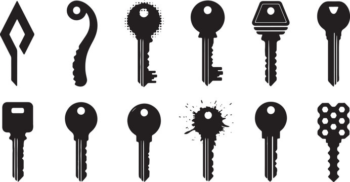 Collection of diverse black silhouette key icons isolated on a white background, featuring modern door keys, abstract geometric designs, grunge splatter effects, and stylized patterns.