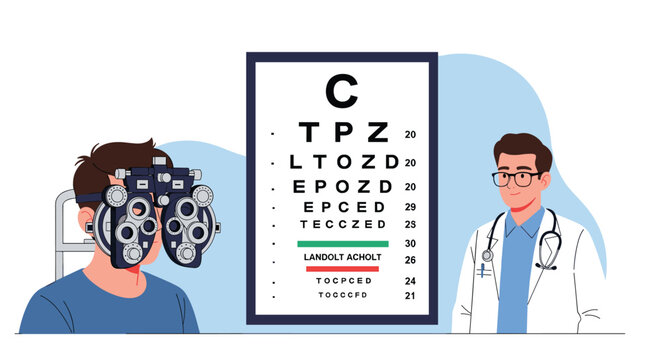 Eye examination scene with patient using phoropter tool and ophthalmologist next to visual acuity eye chart in clinical office.